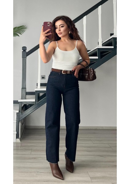 Lacivert Kemerli Kesik Paça Premium Jean