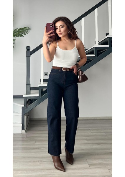 Lacivert Kemerli Kesik Paça Premium Jean modelleri