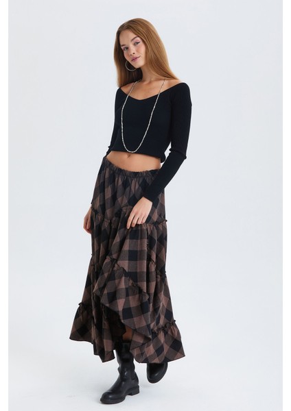 Hippi Tarz Desenli Maxi Etek Kahverengi