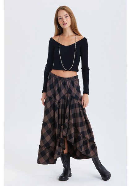 Hippi Tarz Desenli Maxi Etek Kahverengi modelleri