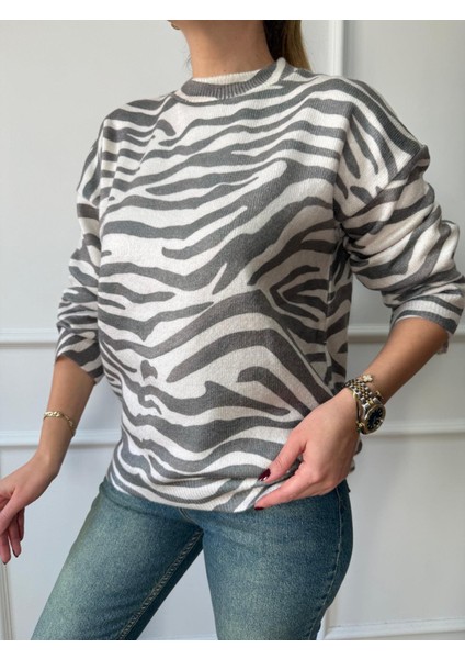 Ekru Zebra Desenli Kazak modelleri