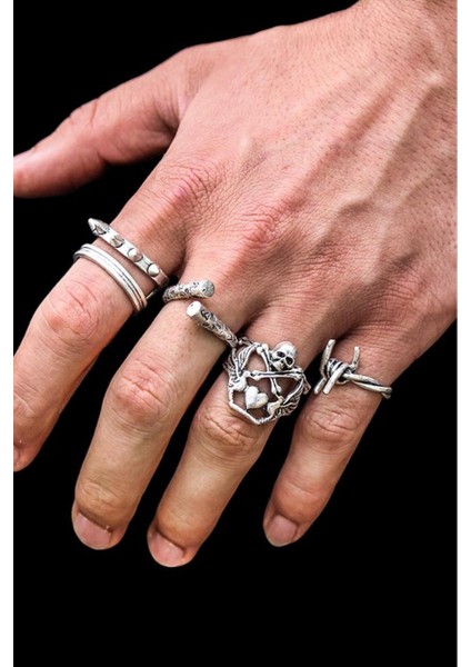 4 Adet 925 Ayar Gümüş Kaplama Ayarlanabilir El Yapımı Erkek Tehlike Yüzük Seti