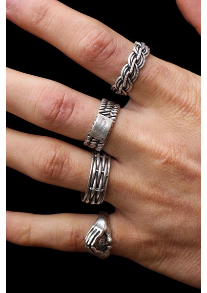 4 Adet 925 Ayar Gümüş Kaplama Ayarlanabilir El Yapımı Erkek Kadın Alyans Yüzük Seti