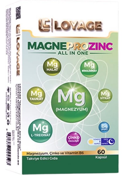 Magnezyum Magneprozinc All In One Magnezyum, Çinko ve Vitamin B6 Içeren Takviye Edici Gıda 60 Kapsül