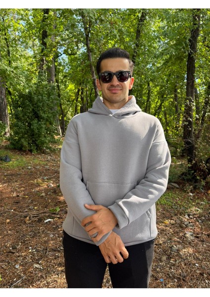 Erkek 3 Iplik Basic Oversize Kanguru Cepli Kapüşonlu Sweatshirt