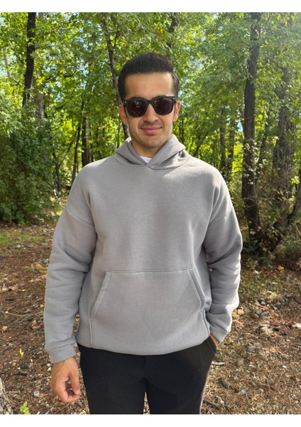 Erkek 3 Iplik Basic Oversize Kanguru Cepli Kapüşonlu Sweatshirt fiyatları