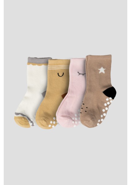 4 Çift Pamuklu Kaydırmaz Taban Çocuk Soket Çorap