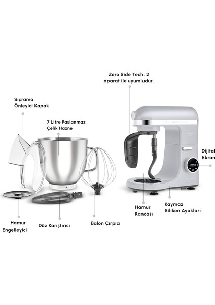 2000W Yüksek Güçlü ve 7 Litrelik Büyük Hazneli Dijital Ekranlı Çırpma, Karıştırma ve Hamur Yoğurma Makinesi & Mutfak Şefi + Hassas Mutfak Tartı modelleri