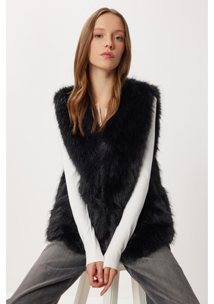 Suni Kürk Yelek LFG0170 Siyah