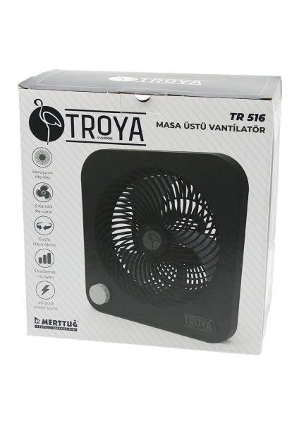 Masa Üstü Vantilatör FAN=22CM 3 Kademe Hız 40W 3 Pervane Siyah PLS.STAND=28X27X13CM TR-516 (5324)