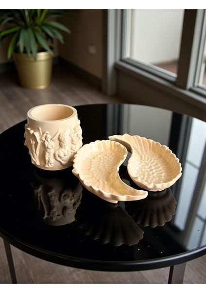 Siyah Melek Figürlü 3’lü Dekoratif Takım – Kanat Tabaklı Vazo Seti, Modern ve Zarif Masa Üstü Aksesuar, Kalemlik Veya Fırçalık Kullanımı