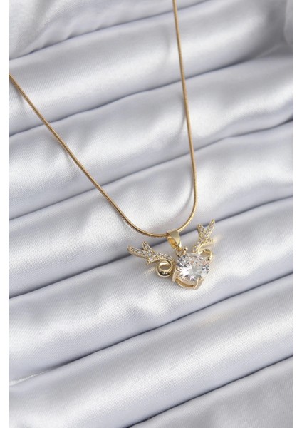 Bfs 316L Çelik Gold Renk Zirkon Taşlı Boynuz Model Kadın Kolye