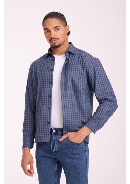Alfonso Ekose Büyük Kareli Relaxed Fit %100 Pamuklu Flanel Kumaş Erkek Gömlek - Mavi fiyatları