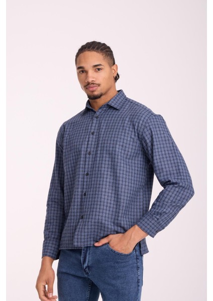 Alfonso Ekose Büyük Kareli Relaxed Fit %100 Pamuklu Flanel Kumaş Erkek Gömlek - Mavi