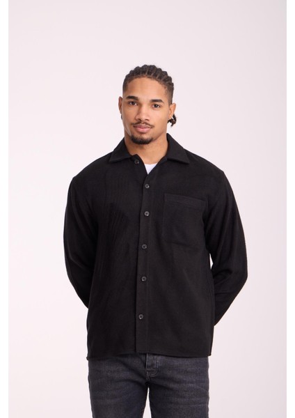 Frankel Kaşe Kumaş Tek Cepli Relaxed Fit Erkek Gömlek - Siyah indirimleri