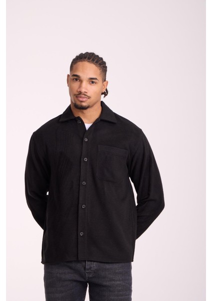 Frankel Kaşe Kumaş Tek Cepli Relaxed Fit Erkek Gömlek - Siyah