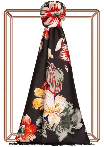 Ipekevi Desenli Ipek Şal - Çöl Gülü Desenli - Siyah Kırmızı