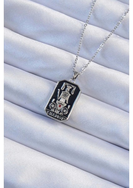 Bfs 316L Çelik Zincir Gümüş Renk Siyah Mineli Tarot Kolye