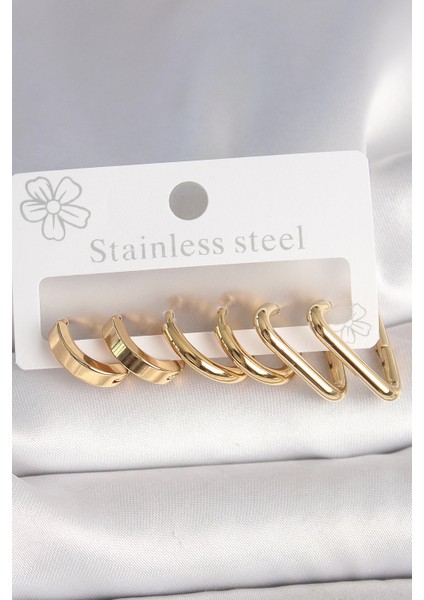 Bfs 316L Çelik Gold Renk Üçgen Halka Model Kadın Küpe Seti