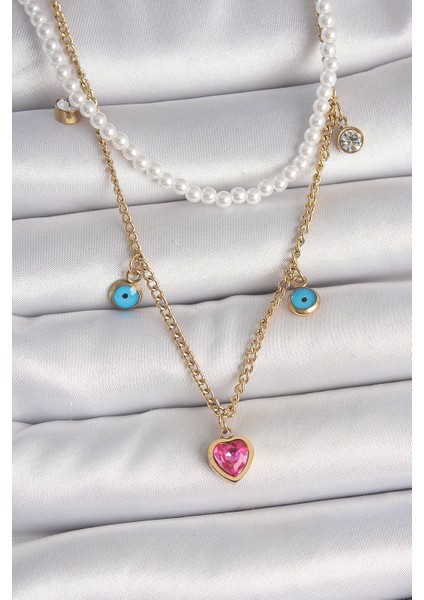 Bfs 316L Çelik Gold Renk 2'li Inci Zincir Model Pembe Taşlı Kalp Figür Nazar Boncuk Detay Kadın Kolye