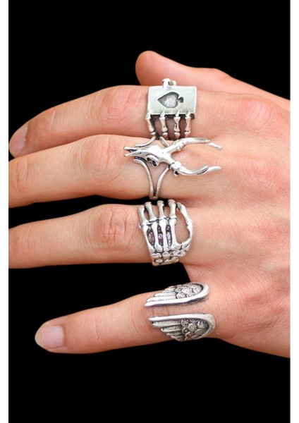 4 Adet 925 Ayar Gümüş Kaplama Ayarlanabilir El Yapımı Erkek Kadın Yüzük Seti