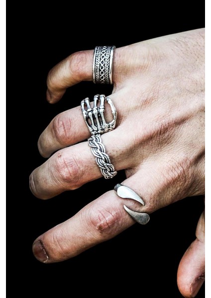 4 Adet 925 Ayar Gümüş Kaplama Ayarlanabilir El Yapımı Erkek Kadın Tarz Yüzük Seti