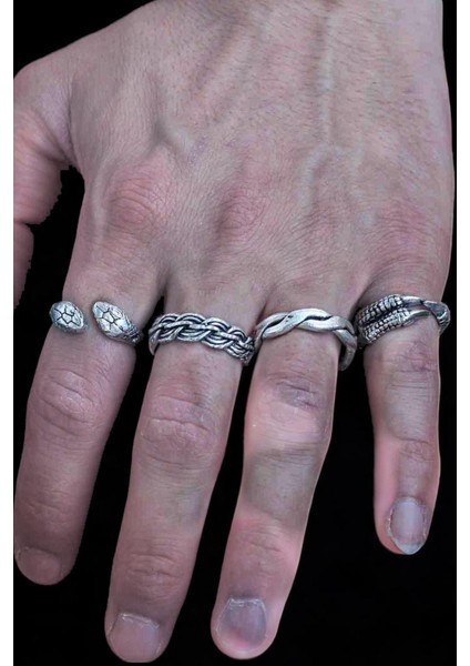 4 Adet 925 Ayar Gümüş Kaplama Ayarlanabilir El Yapımı Erkek Kadın Yılan Yüzük Seti