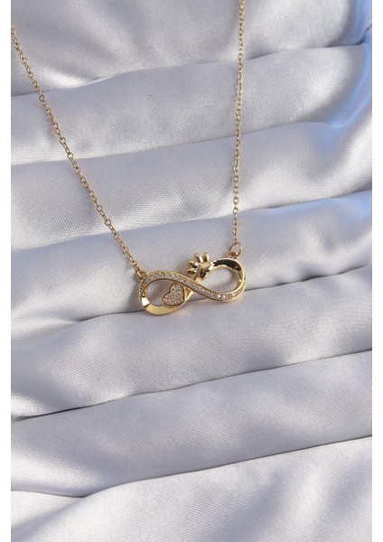 Bfs 316L Çelik Zincir Gold Renk Zirkon Taşlı Pati ve Kalp Detaylı Sonsuzluk Kolye