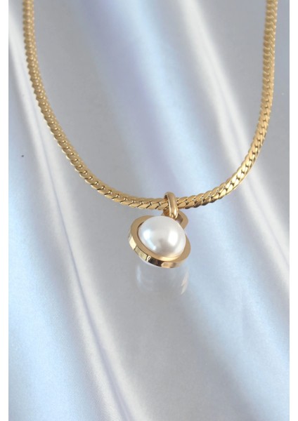 Bfs 316L Çelik Gold Renk Yassı Zincir Inci Taşlı Kolye fiyatları