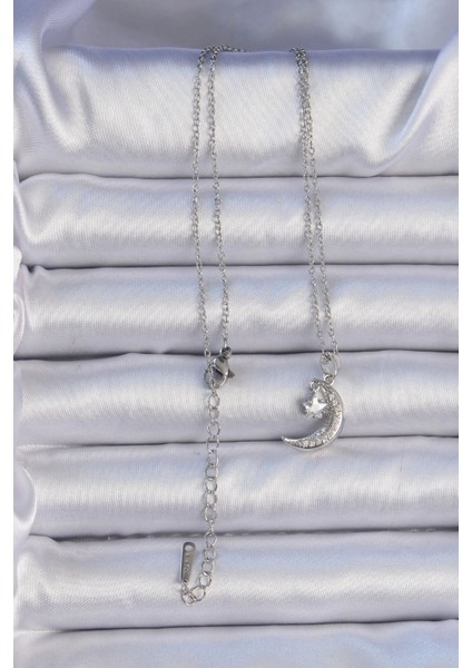 Bfs 316L Çelik Zincir Gümüş Renk Zirkon Taşlı Sallantılı Ay Yıldız Kolye fiyatları