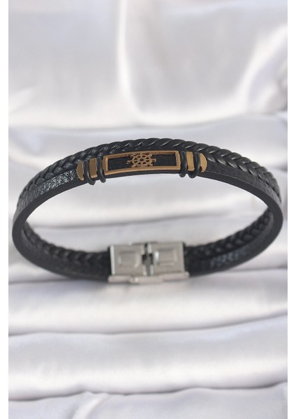 Bfs 316L Çelik Gold Renk Gemi Dümeni Aksesuarlı Çift Sıra Burgu Desenli Deri Kordon Erkek Bileklik