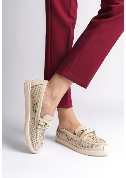 Lızy Bağcıksız Ortopedik Rahat Taban Çiçek Desenli Kadın Babet Ayakkabı Ckt - Krem fiyatları