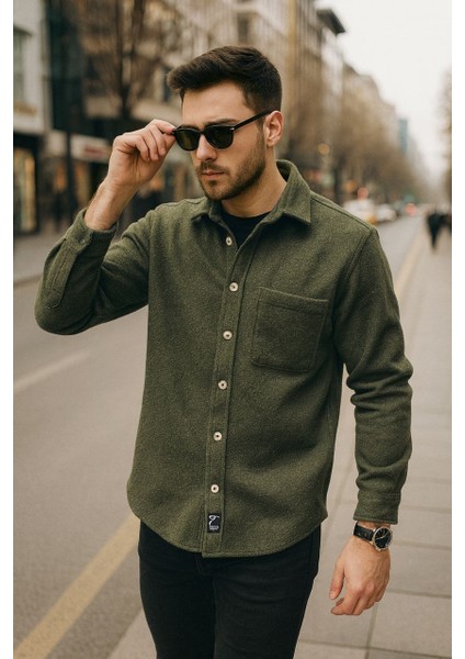 Erkek Kaşe Gömlek – Ekru Renk, Cepli, Soğuk Havalara Uygun