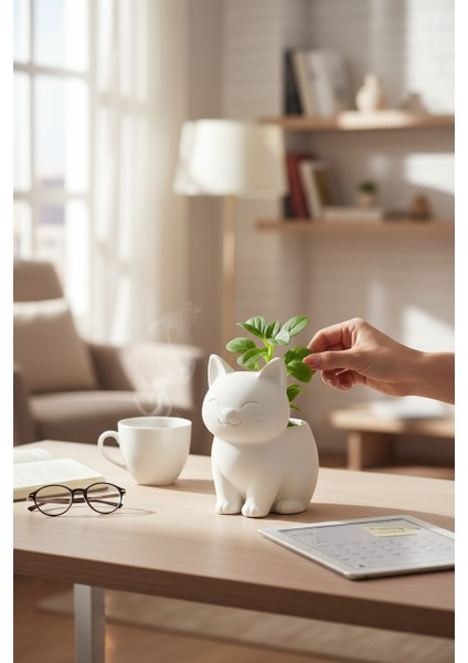 Sevimli Kedi Saksı | Dekoratif Mini Çiçeklik | Modern Tasarım | 14 cm