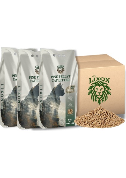 %100 Doğal Çam Peleti Kedi Kumu 15 kg (30L) Hipoalerjenik - Yavru/yetişkin Kediler ve Kemirgen Hayvanlar Için Biyobozunur - Astımlı Kediler Için Uygun - Yüksek Emiş Gücü - 5 kg x 3 Adet