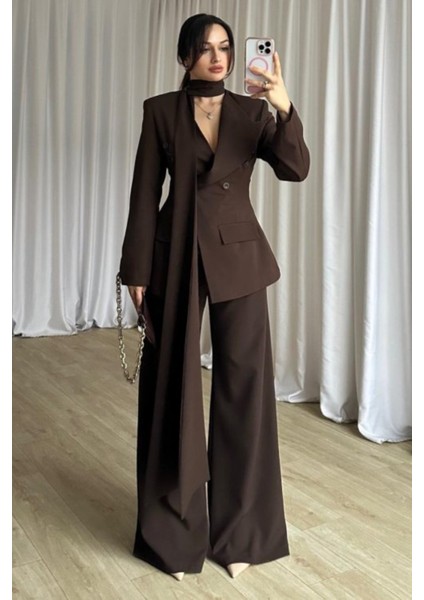 Şal Detaylı Kruvaze Ceket ve Palazzo Pantolon Alt-Üst Takım | Takım Elbise | Premium Tasarım Takım