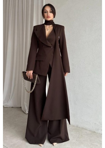 Şal Detaylı Kruvaze Ceket ve Palazzo Pantolon Alt-Üst Takım | Takım Elbise | Premium Tasarım Takım fiyatları