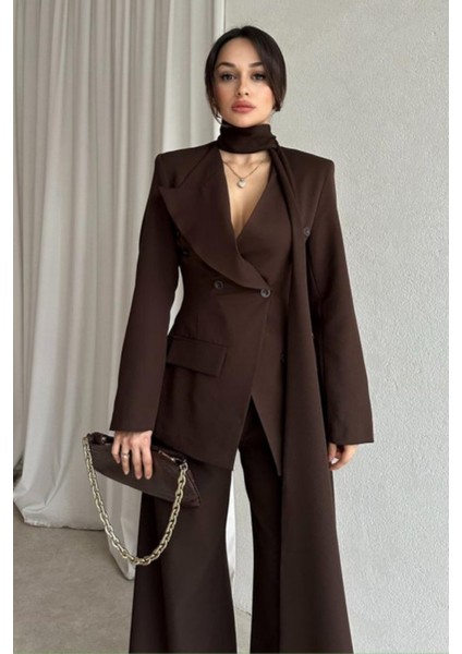 Şal Detaylı Kruvaze Ceket ve Palazzo Pantolon Alt-Üst Takım | Takım Elbise | Premium Tasarım Takım modelleri