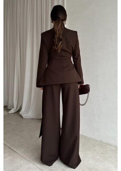 Şal Detaylı Kruvaze Ceket ve Palazzo Pantolon Alt-Üst Takım | Takım Elbise | Premium Tasarım Takım fırsatları