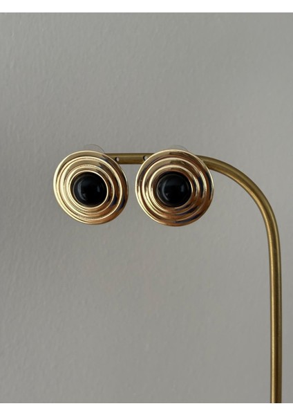 Vintage Yuvarlak Şerit Model Siyah Gold Çelik Küpe