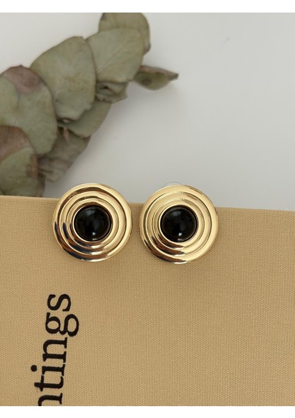 Vintage Yuvarlak Şerit Model Siyah Gold Çelik Küpe