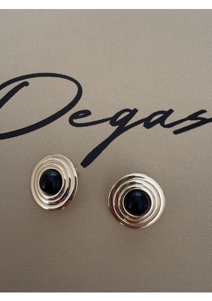 Vintage Yuvarlak Şerit Model Siyah Gold Çelik Küpe