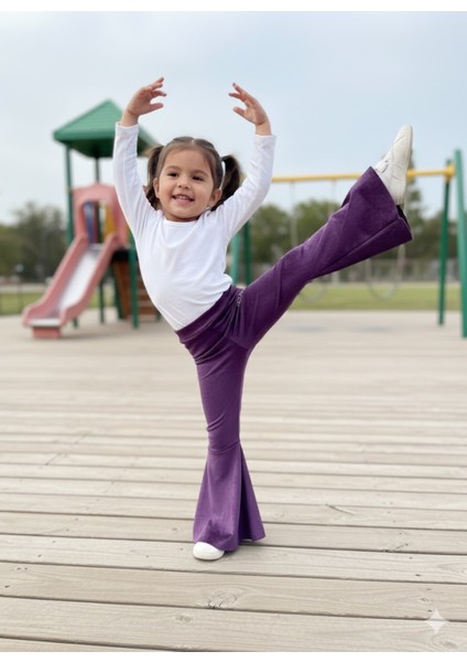 Kız Çocuk Fransız Kadife Geniş Dökümlü Ispanyol Paça Tayt Girlpower Mor
