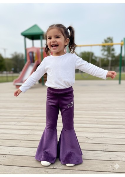 Kız Çocuk Fransız Kadife Geniş Dökümlü Ispanyol Paça Tayt Girlpower Mor fiyatları
