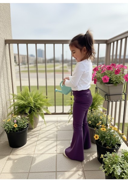 Kız Çocuk Fransız Kadife Geniş Dökümlü Ispanyol Paça Tayt Girlpower Mor modelleri