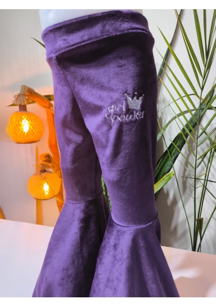 Kız Çocuk Fransız Kadife Geniş Dökümlü Ispanyol Paça Tayt Girlpower Mor fırsatları