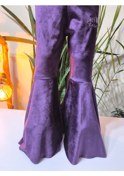 Kız Çocuk Fransız Kadife Geniş Dökümlü Ispanyol Paça Tayt Girlpower Mor