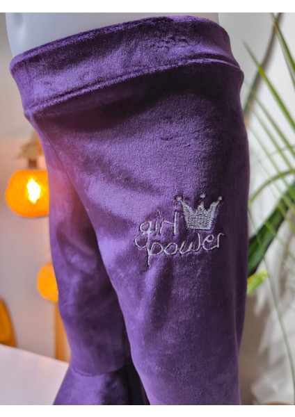 Kız Çocuk Fransız Kadife Geniş Dökümlü Ispanyol Paça Tayt Girlpower Mor