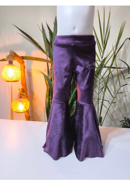 Kız Çocuk Fransız Kadife Geniş Dökümlü Ispanyol Paça Tayt Girlpower Mor