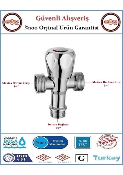 Çift Çıkışlı Çamaşır, Bulaşık Makina Musluğu - %100 Prinç